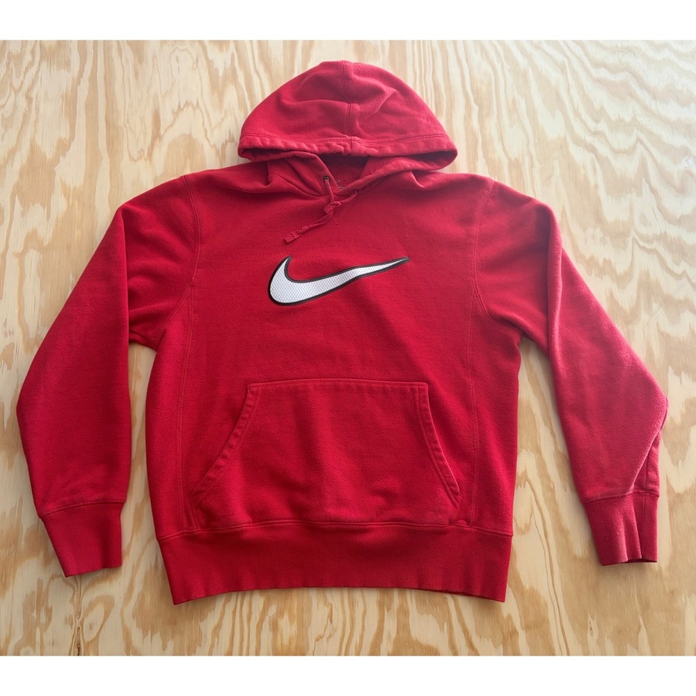 Nike Mens Red Oversized Swoosh Logo Pullover Fleece‎ Hoodie Sweatshirt Medium